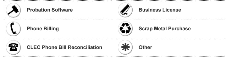GCS service categories: Probation Software, Business License, Phone Billing, Scrap Metal Purchase, CLEC Phone Bill Reconciliation, Other